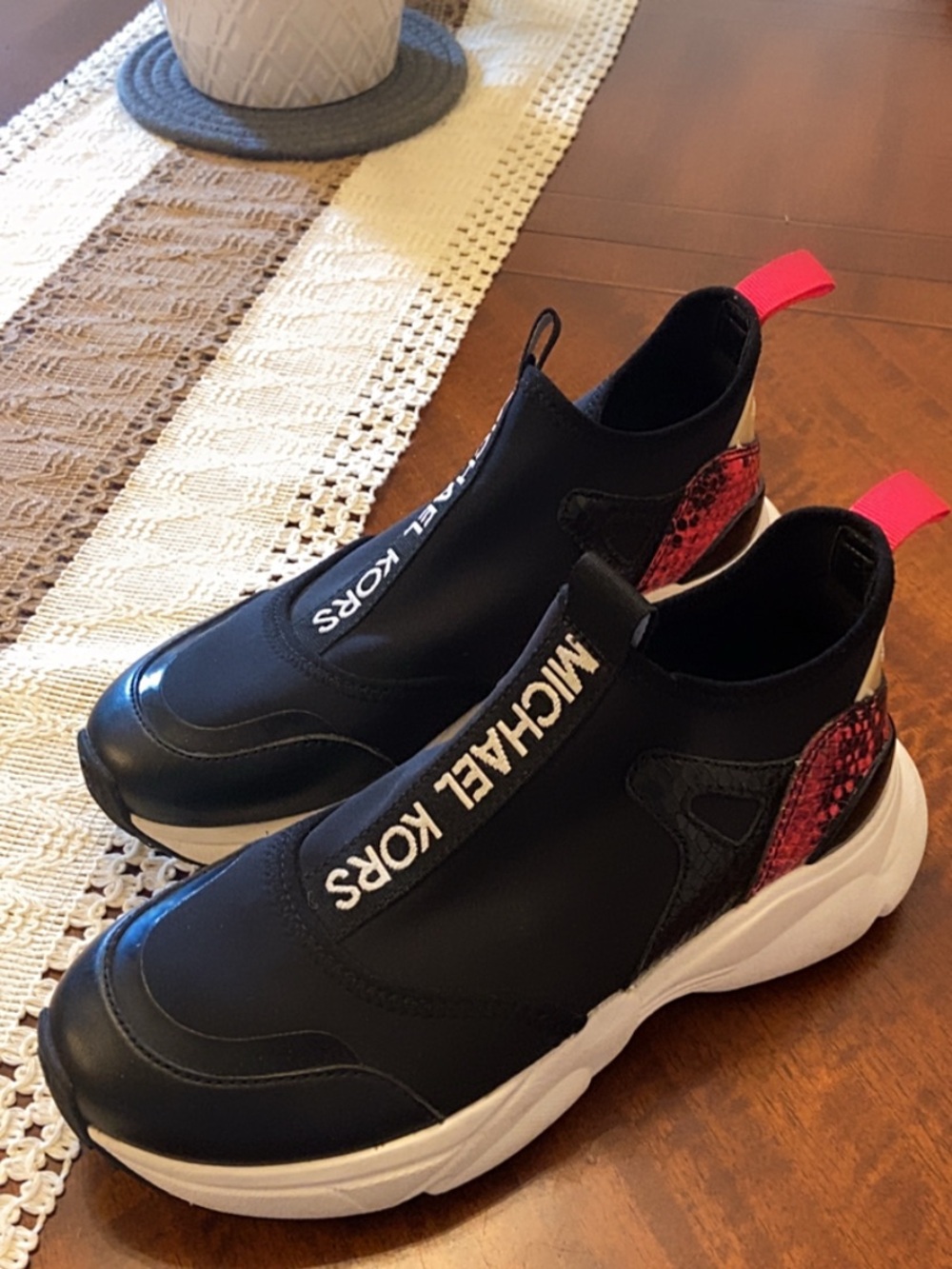 Michael Kors Black Sneakers with Pink Heel Accent size 5.5
